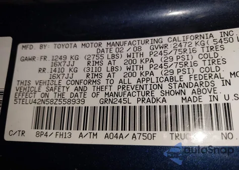 2008 Toyota Tacoma Base V6 z USA, uszkodzony, nr VIN 5TELU42N58Z558939